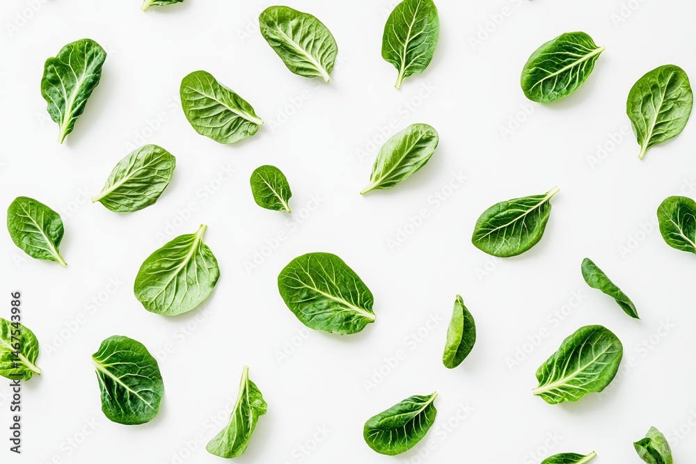 Fresh spinach leaves arranged in scattered pattern on white background. Healthy green vegetable concept highlighting organic food and nutrition. Fresh spinach leaves arranged in scattered pattern on white background. Healthy green vegetable concept highlighting organic food and nutrition.