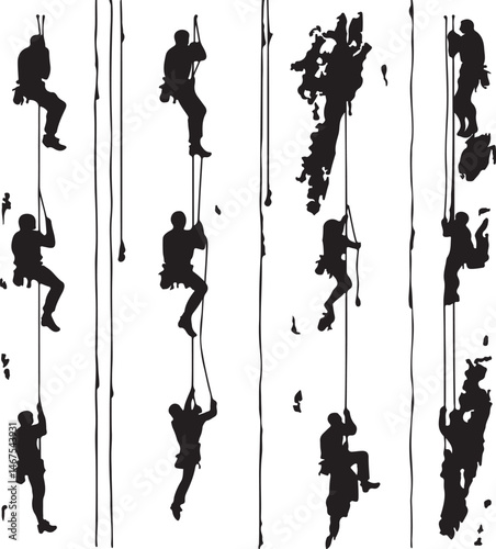 Silhouettes of Climbers Ascending Ropes on White Background, Vector Illustration, Abstract Art