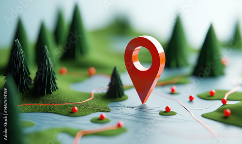 3D map scene with a large red location pin surrounded by stylized trees, paths, and small markers, representing navigation and travel