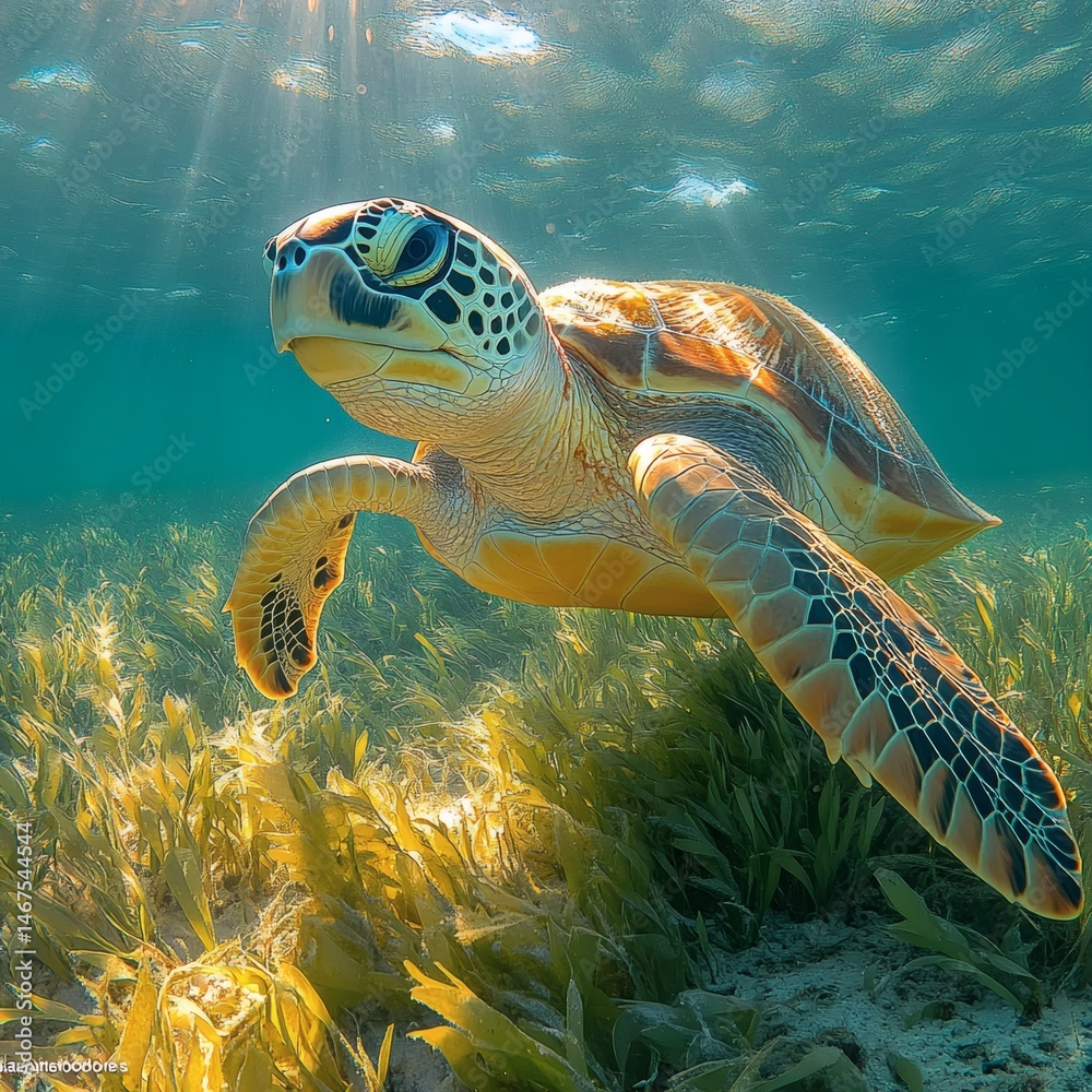 Obraz premium Sea Turtle Underwater with Sunbeam in Ocean