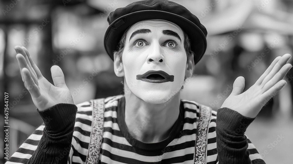 Expressive Mime Performer Gesturing in a Lively Street Setting