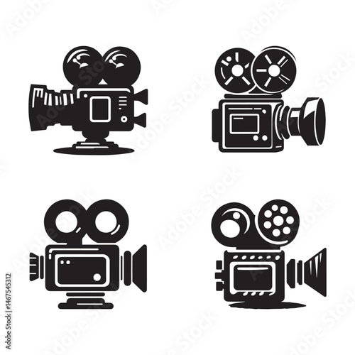 Silhouettes of movie camera vector on a white background.