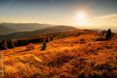 Fototapeta Naklejka Na Ścianę i Meble -  Wild Trails in the Polish mountains in autumn at sunset. Stumorgowa, Beskids, Poland.