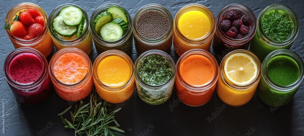 Assorted fresh pressed fruit juices served in transparent plastic bottles arranged in circle pattern on wooden table photographed from above in daylight showcasing natural vitamin rich hydration,