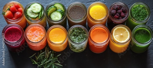 Obraz na płótnie Assorted fresh pressed fruit juices served in transparent plastic bottles arranged in circle pattern on wooden table photographed from above in daylight showcasing natural vitamin rich hydration,
w salonie