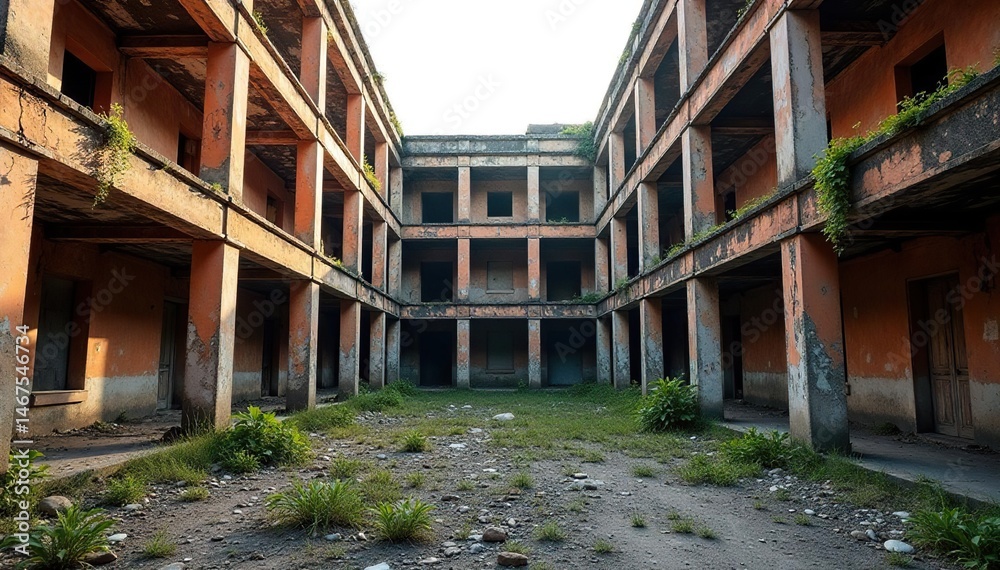 Decaying building showing repeated structural elements , background, desolate, brick Decaying building showing repeated structural elements , background, desolate, brick