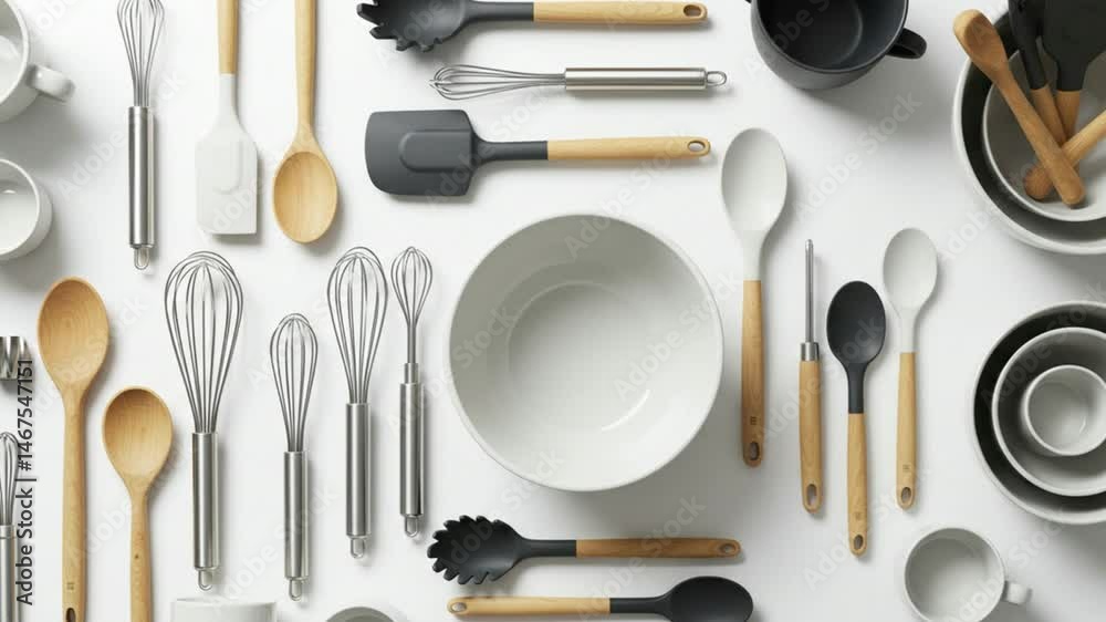 Top view of modern kitchen utensils on a white background, flat lay, high contrast lighting Top view of modern kitchen utensils on a white background, flat lay, high contrast lighting