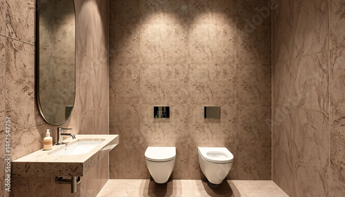 Modern Bathroom Interior Featuring Marble Walls and Sleek Fixtures with Soft Lighting