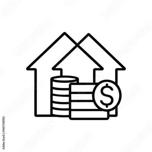 Real Estate Value Increase Icon: House, Money, and Growth Vector
