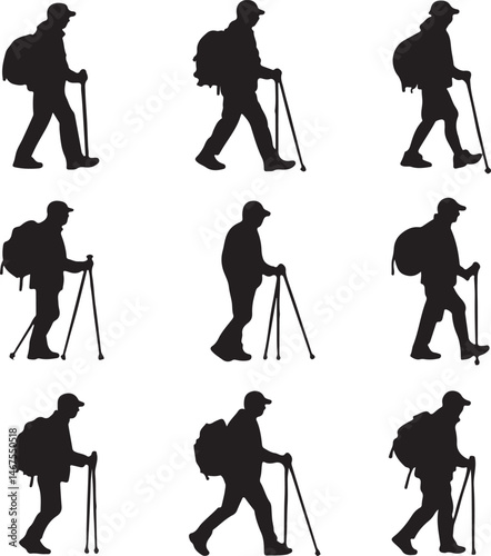 Silhouette Collection: Hikers with Backpacks and Trekking Poles, Black and White Vector