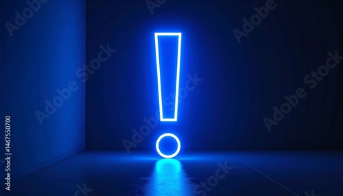 Exclamation mark command excitement concept. Neon exclamation mark in a dark blue room.