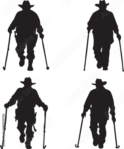 Silhouette of Cowboy Walking with Cane: Western Style, Isolated on White Background