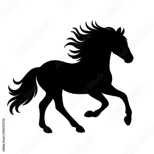black silhouette of a galloping horse with flowing mane minimal vector style wild animal design for western art equestrian logos ranch decor or freedom and strength concepts