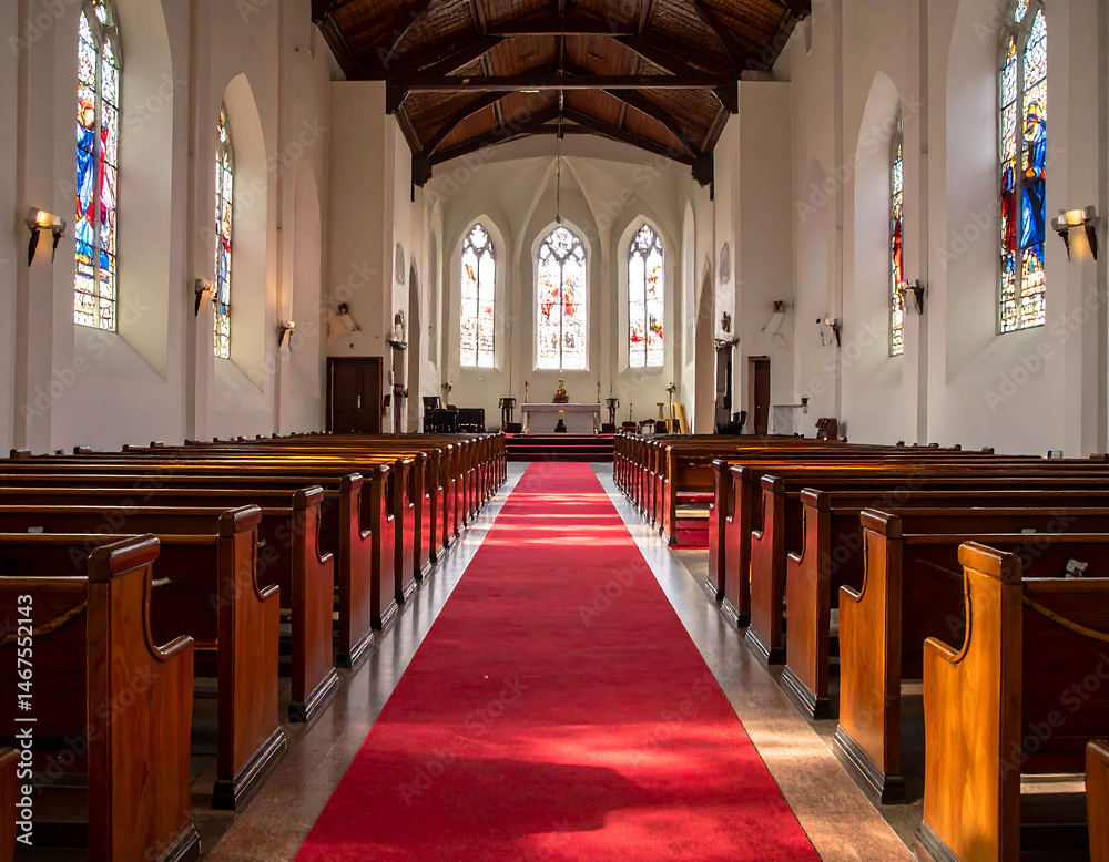 Fototapeta premium Serene church interior bathed in light. Stained glass windows, wooden pews, a red carpet create a space of peace reflection. Ideal for faith, design, or event themes.
