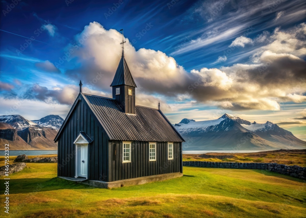 Fototapeta premium Panoramic Iceland: Black Church Budir, Snaefellsnes Peninsula Dramatic Landscape Photography