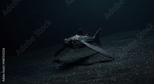A solitary, mysterious deep-sea creature with an unusual body shape glides silently over the dark ocean floor, hinting at the hidden life in the abyssal depths