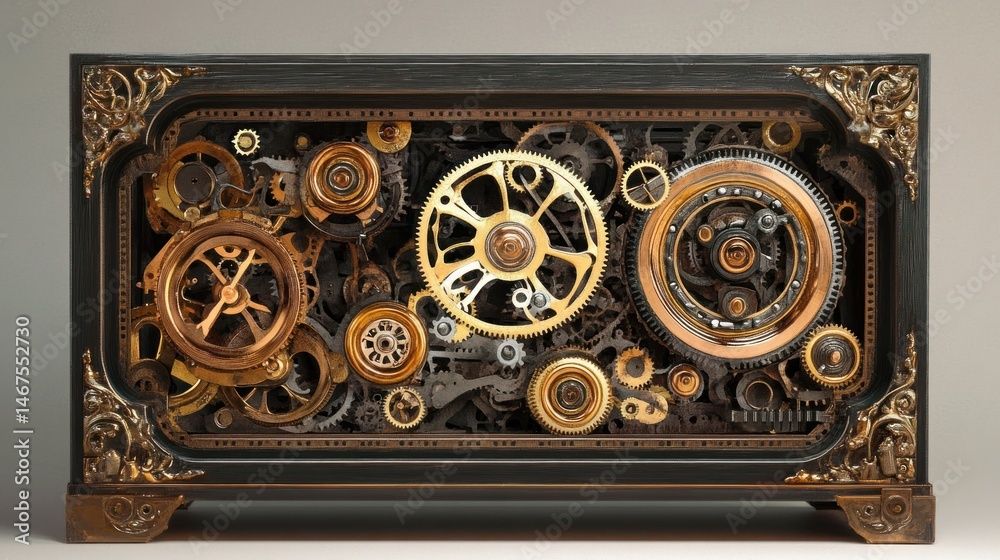 Ornate mechanical cabinet with intricate gears Ornate mechanical cabinet with intricate gears