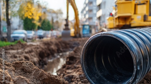 Construction site with machinery and pipe installation in progress