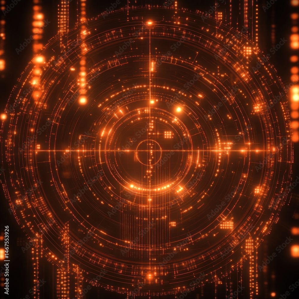Obraz premium Abstract digital interface with concentric rings and glowing orange elements