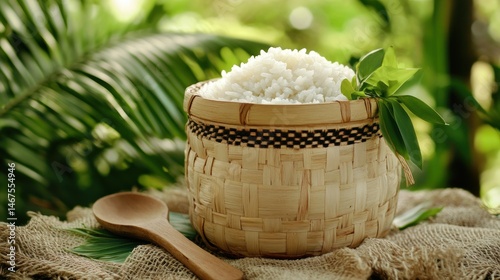 Freshly cooked rice in a bamboo basket with greenery backdrop