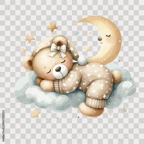 Watercolor sleeping teddy bear on cloud around the stars in beige pajamas on transparent background.