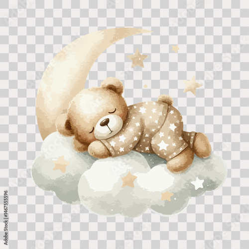 Watercolor sleeping teddy bear on cloud around the stars in beige pajamas on transparent background.