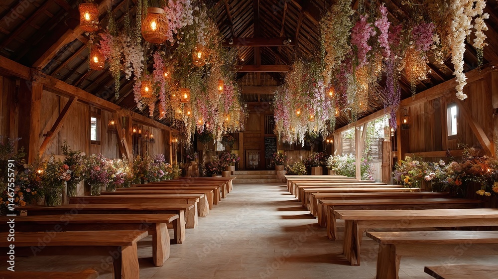 Obraz premium Rustic wedding venue adorned with vibrant flowers and hanging lights, creating a romantic atmosphere