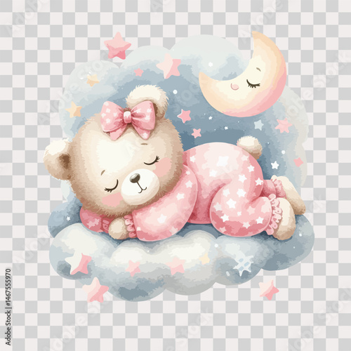 Watercolor sleeping teddy bear on cloud around the stars in pink pajamas on transparent background.