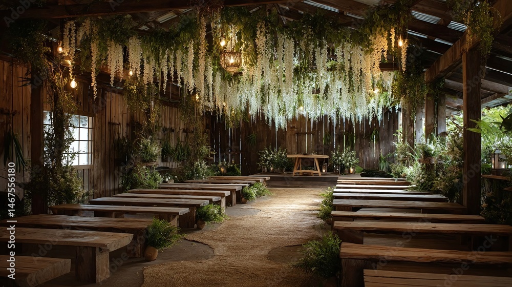 Obraz premium Rustic indoor venue adorned with hanging greenery and warm lighting, set for a gathering or event
