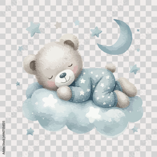 Watercolor sleeping teddy bear on cloud around the stars in blue pajamas on transparent background.