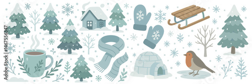 Whimsical winter vector seamless pattern capturing the charm of a snowy landscape and cozy seasonal elements