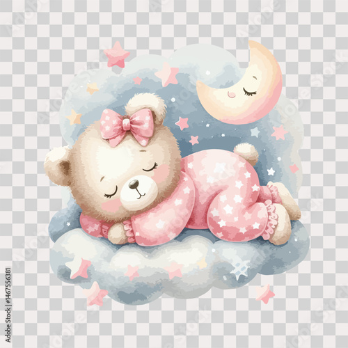 Watercolor sleeping teddy bear on cloud around the stars in pink pajamas on transparent background.