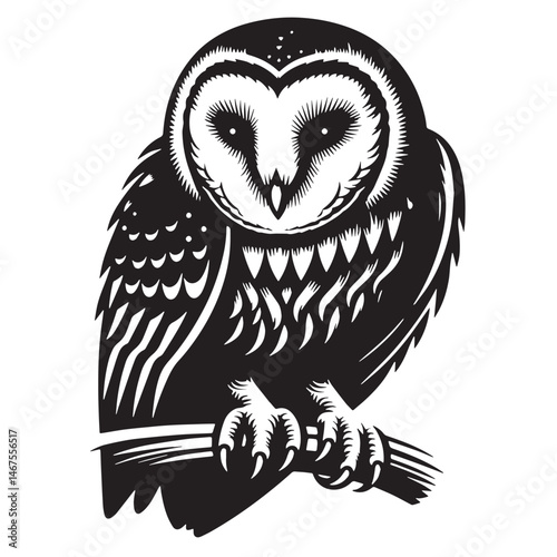 Barn Owl Silhouette line art vector illustration on white background