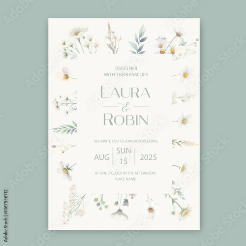 Garden Flowers Wedding Invitation Card Design, Wildflower Wedding Invite, Colorful Spring Floral Invitation Card in white and green colors.