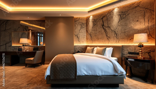 Luxurious Hotel Bedroom Interior With Modern Design Featuring Soft Lighting Comfortable Bed and Elegant Decor