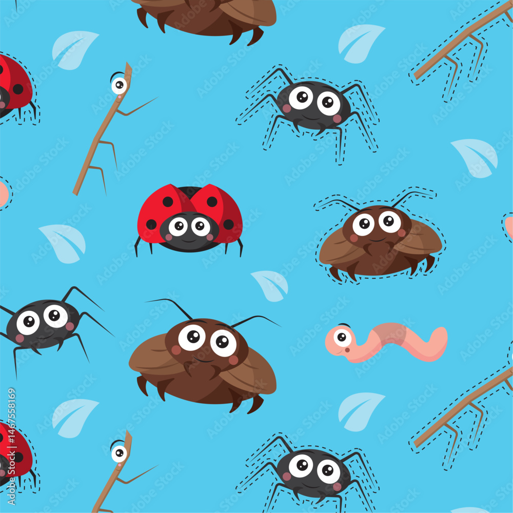 Obraz premium Cute insect cartoon pattern. Vector