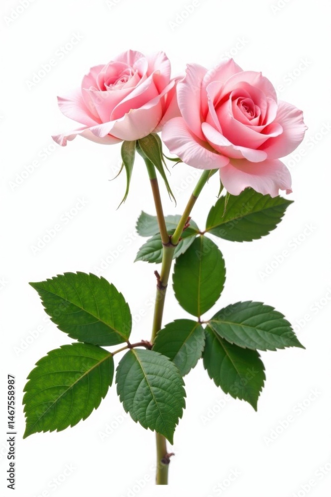Fototapeta premium Delicate pink rose blossoms and lush green leaves isolated on pure white , wallpaper, background