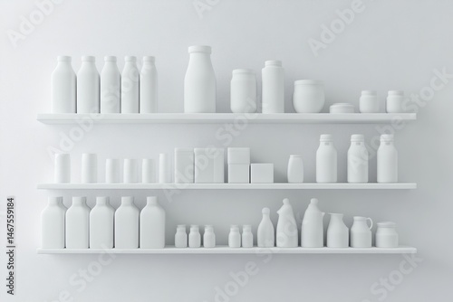 Clean, minimalist shelves display various food and beverage containers in a simple, white design.  Empty product packaging is arranged neatly across multiple shelves against a white backdrop.