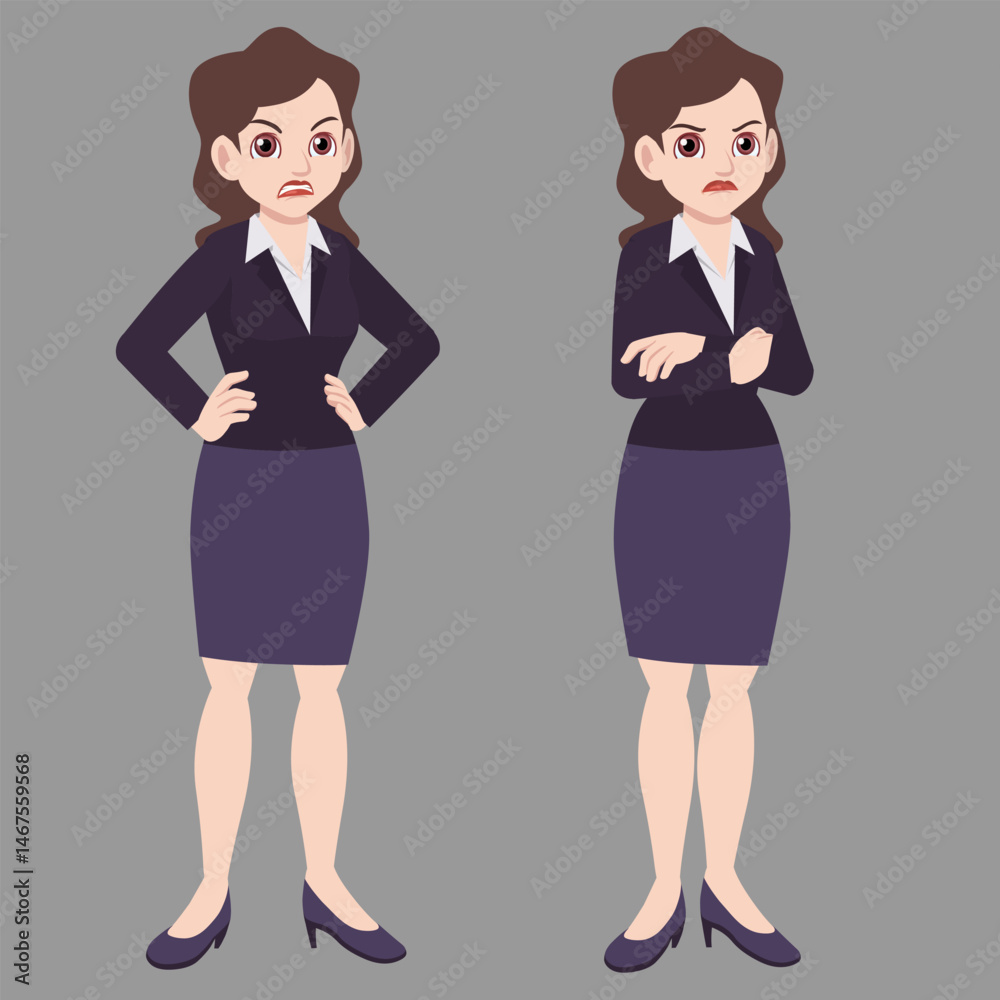 Business woman in business suit standing poses angry and disappointed cartoon flat character design vector illustration Business woman in business suit standing poses angry and disappointed cartoon flat character design vector illustration