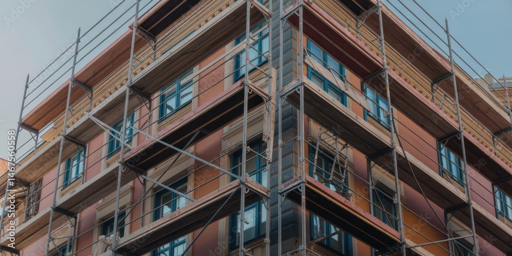 Obraz premium Scaffolding and Tools Surround Ornate Facade During Detailed Restoration