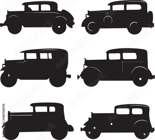 Silhouettes of Classic Vintage Cars: Black and White Vector Illustrations of Automobiles