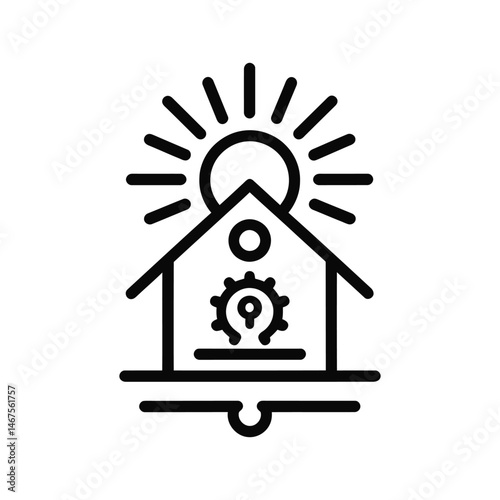 Solar energy house icon with sun and gear, renewable residential power system eps vector, sustainable smart home technology illustration, green building engineering and clean energy concept