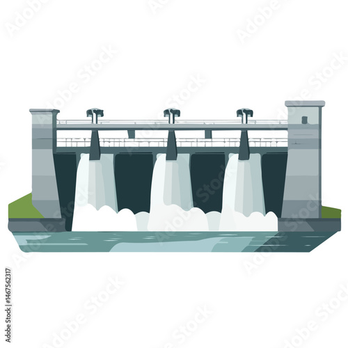 Flat vector Hydropower Dam, minimalist design, isolated on a white background.