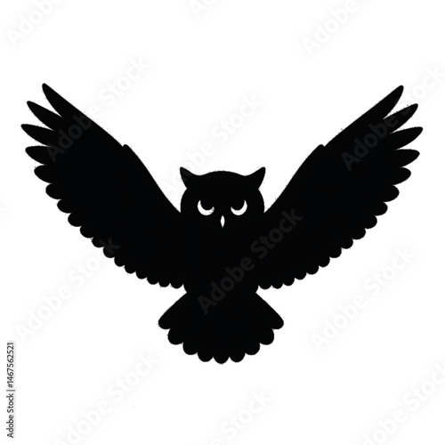 black silhouette of an owl in flight with wide spread wings minimal vector style bird of prey illustration for night wildlife themes tattoo design wisdom symbolism or nature art