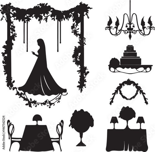 Elegant Wedding Silhouettes: Bride, Cake, Chandelier, Floral Decor, Tablescape Design