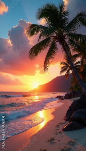 Majestic palm trees framing a pristine Hawaiian beach at sunset , relaxation, ocean