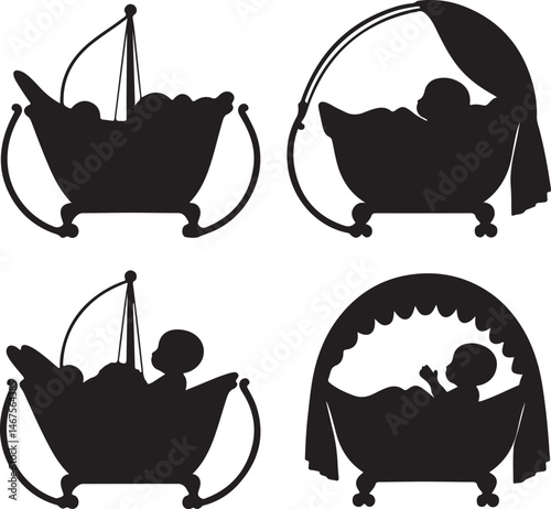 Silhouette Baby Bathtub Set: Vintage Style, Cute Infants, Bath Time Fun, Vector Art
