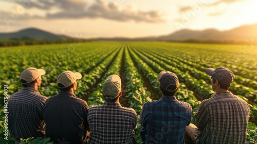Diverse group of farmers or agricultural workers sitting together and observing lush green crop fields du sunset, rural landscape scene with mountains in distance