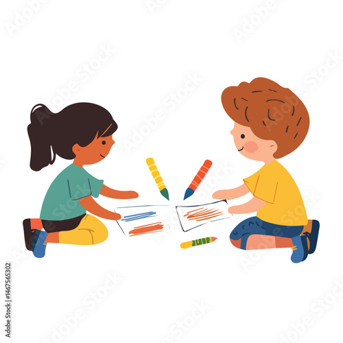 Flat vector Kids Drawing With Crayons, minimalist design, isolated on a white background.