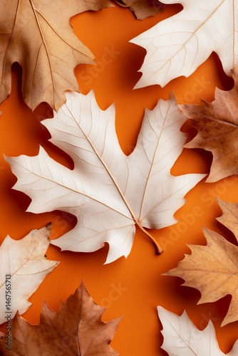 Dried autumn leaves arranged on orange background